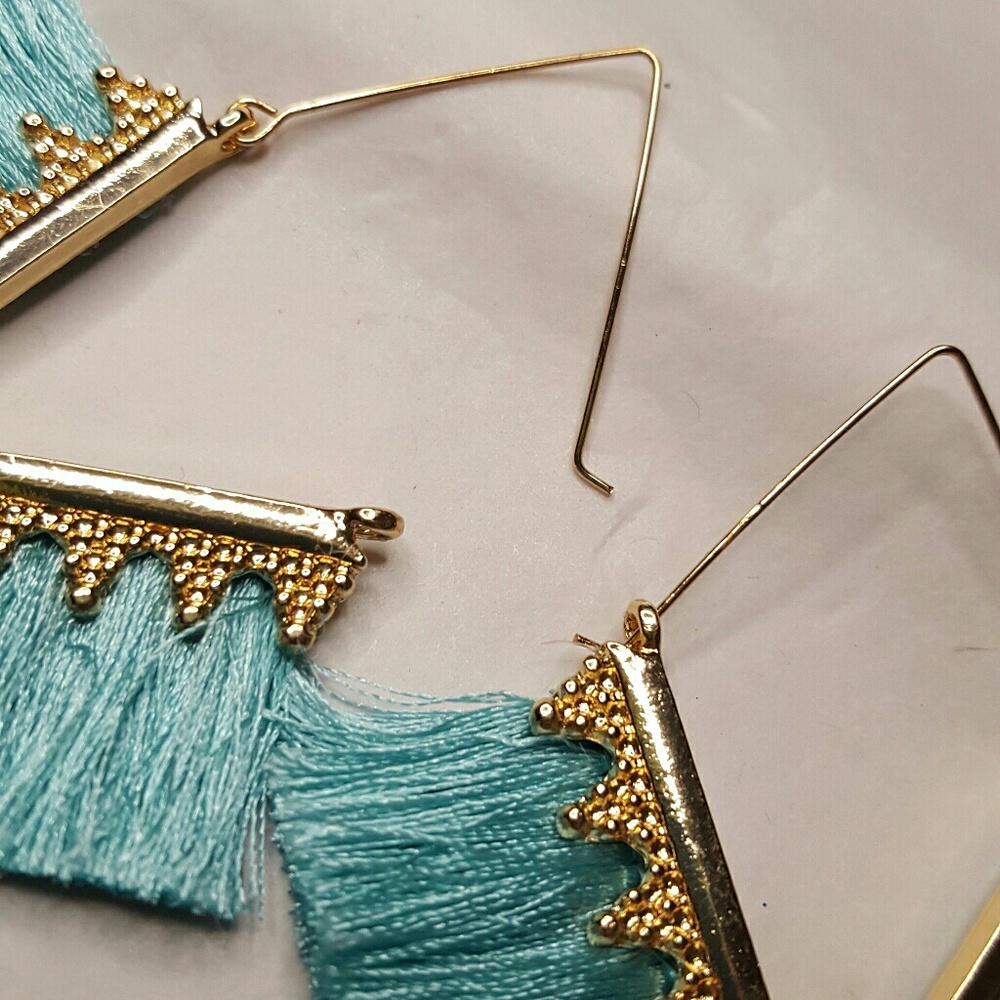 Light Blue V Shape Fringe Earrings - Picture 4 of 4
